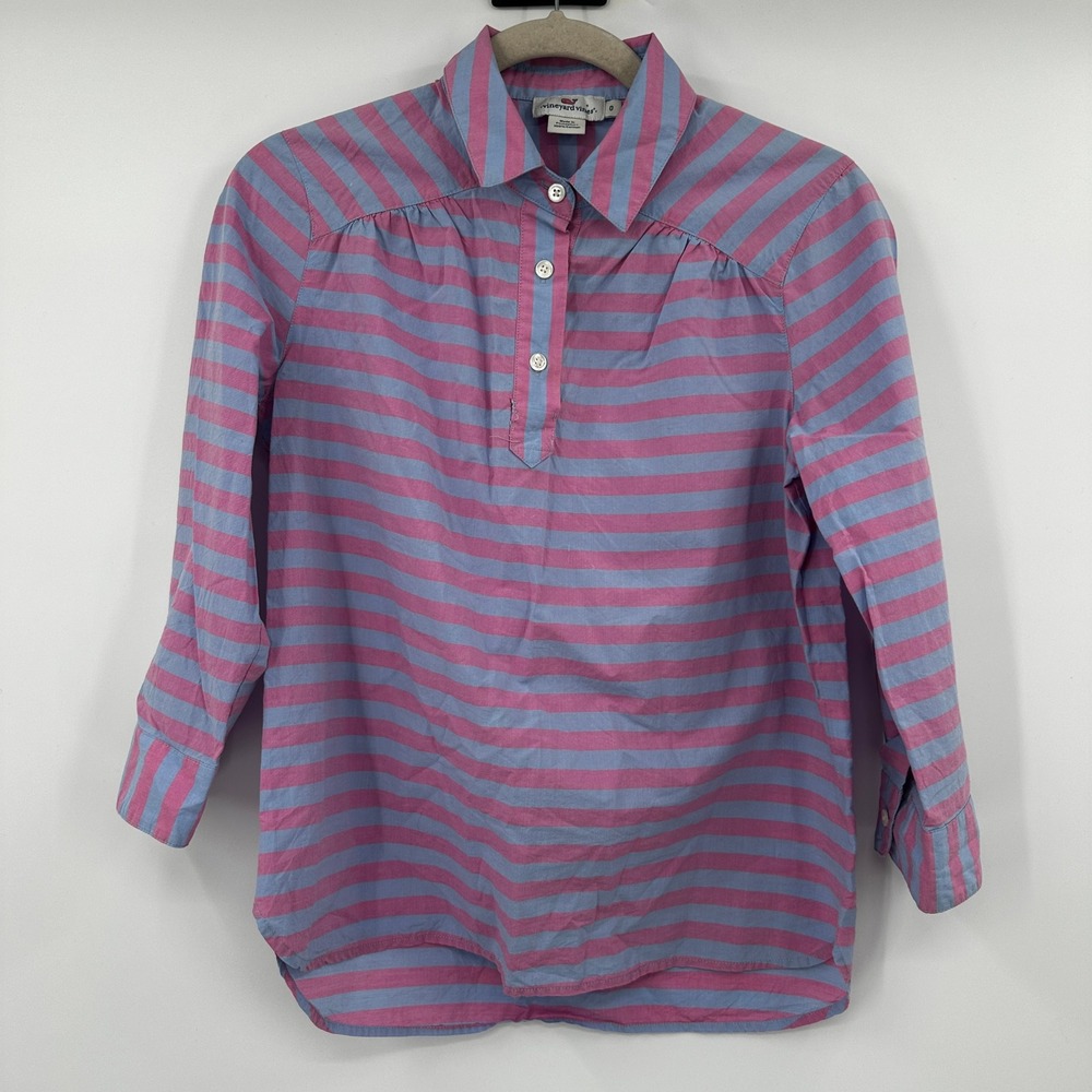 Vineyard Vines Striped Collared‎ Pullover Shirt Women's Size 0 Pink Blue Cotton